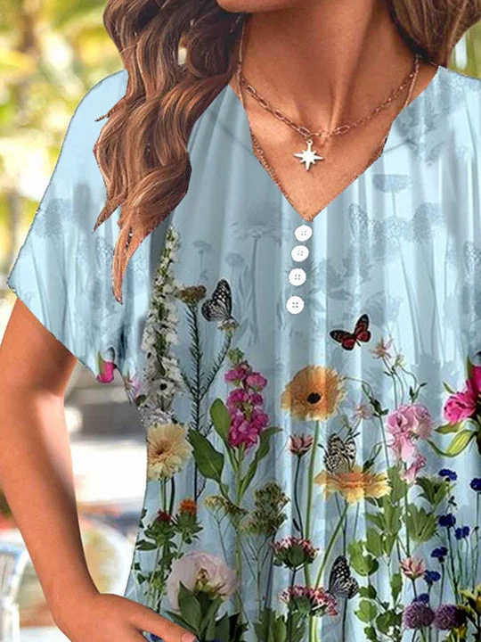 Women Short Sleeve V-neck Floral Printed Graphic Button Tops