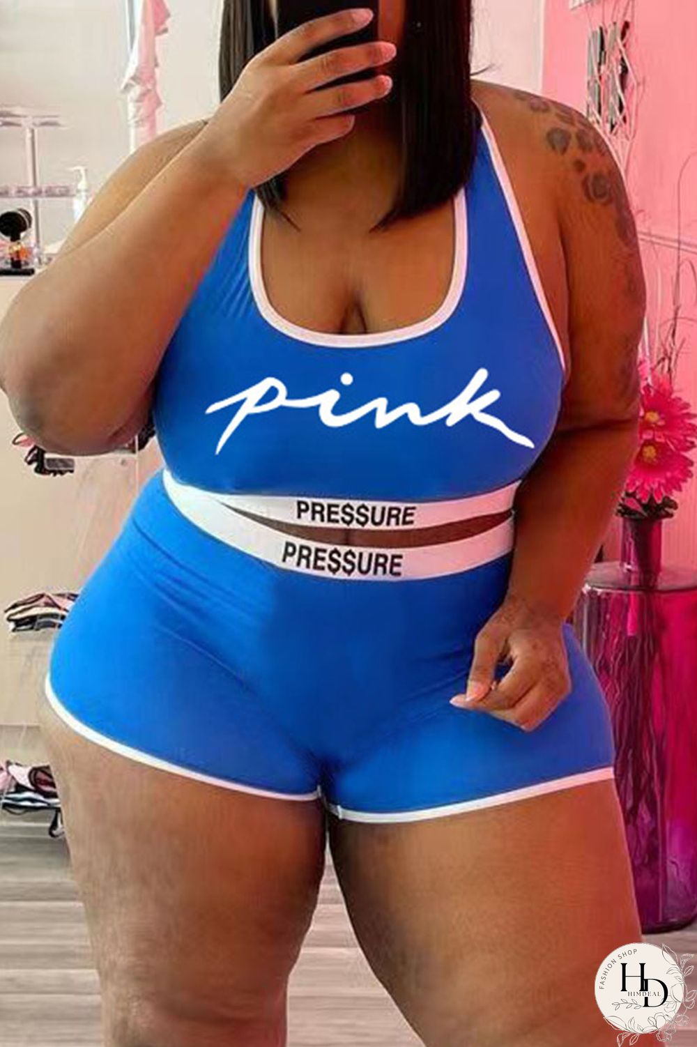 White Casual Letter Print Basic U Neck Plus Size Two Pieces