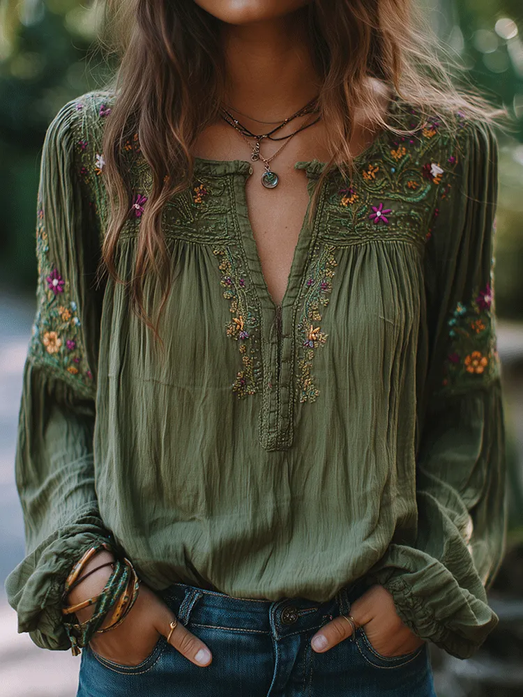 Bohe Floral Embroidered Cotton Olive Green Shirt