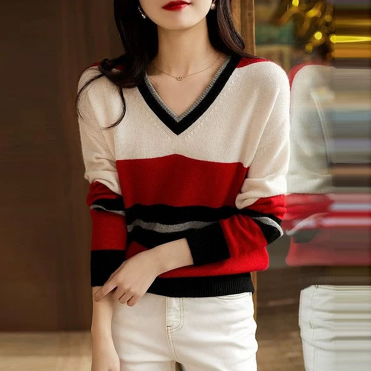 Red V Neck Long Sleeve Vintage Sweater QueenFunky