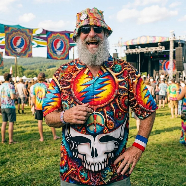 Vintage Grateful Dead Skull & Bear &Terrapin Graphic Cuban Collar Short Sleeve Shirt &ndash; Unisex Retro Cotton Top