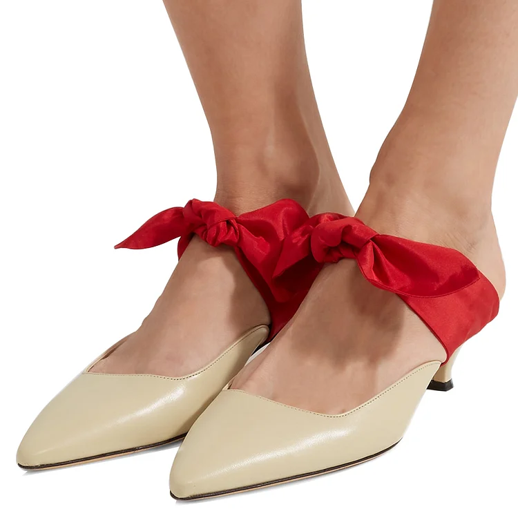 Nude Pointed Toe Red Bow Kitten Heel Mules for Women |FSJ Shoes