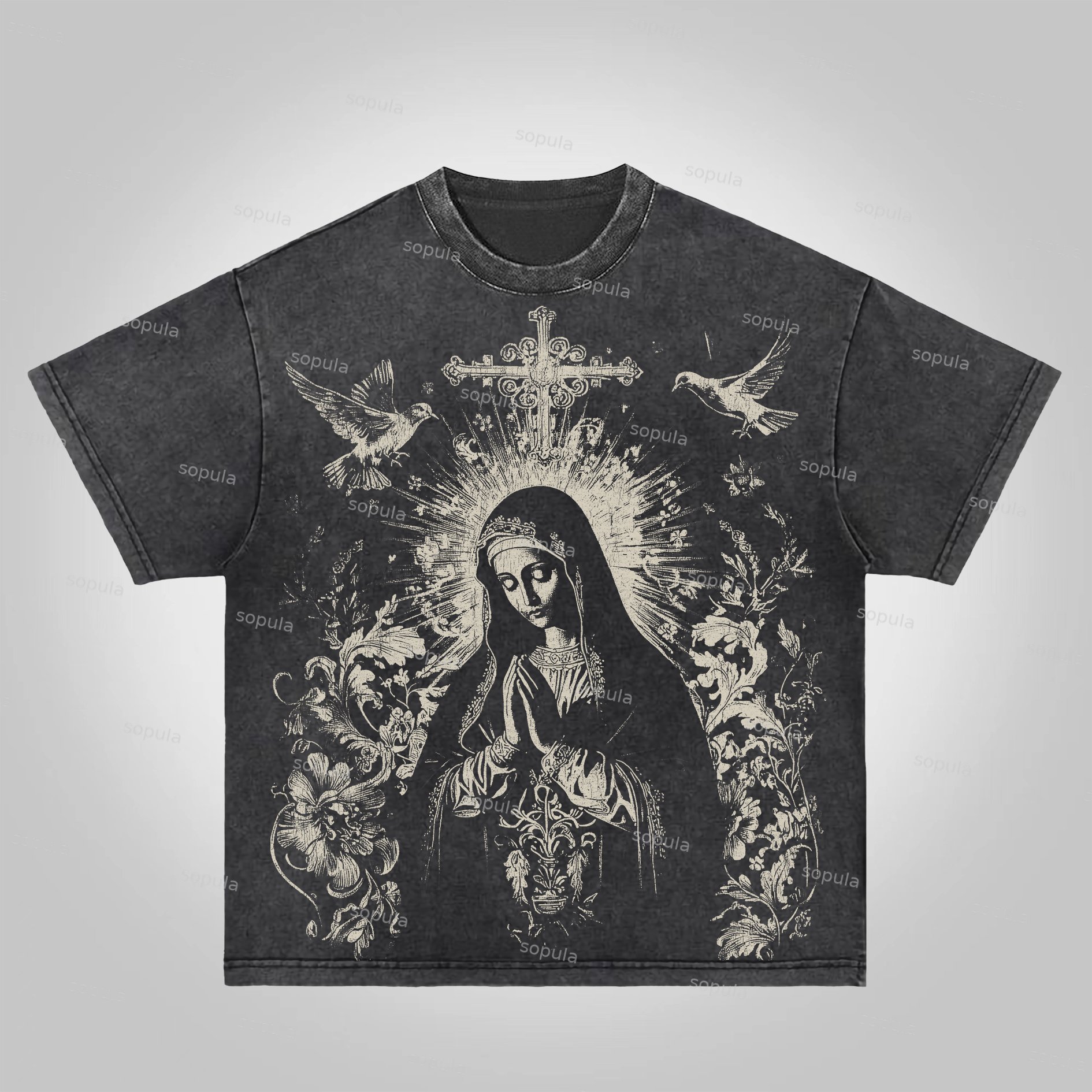 Sopula Virgin Mary Praying Vintage Graphic Acid Washed T-Shirt