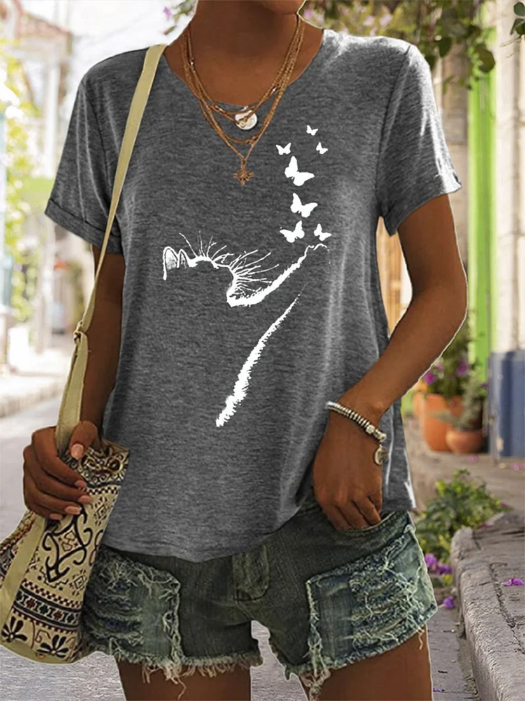 Women's Cute Cat Butterfly Print T-Shirt socialshop