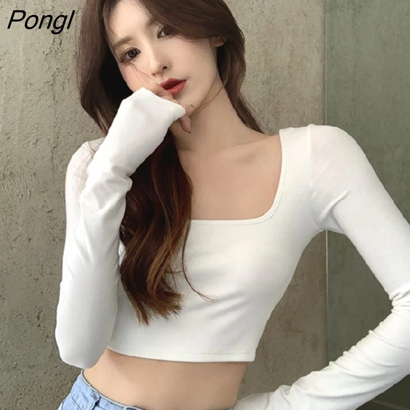 Pongl Backless T-shirt Woman Long Sleeve Crop Top Autumn Korean Fashion Tee Shirt Femme Kpop Corset Skinny Vintage Clothes Women