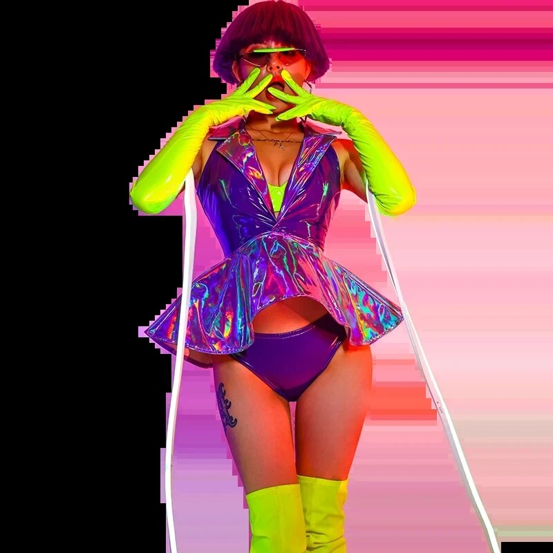 VCSHOES Women Gogo Costume Laser Leather Suit Fluorescent Green Dancer Nightclub Jazz Dance Costume Singer Stage Wear