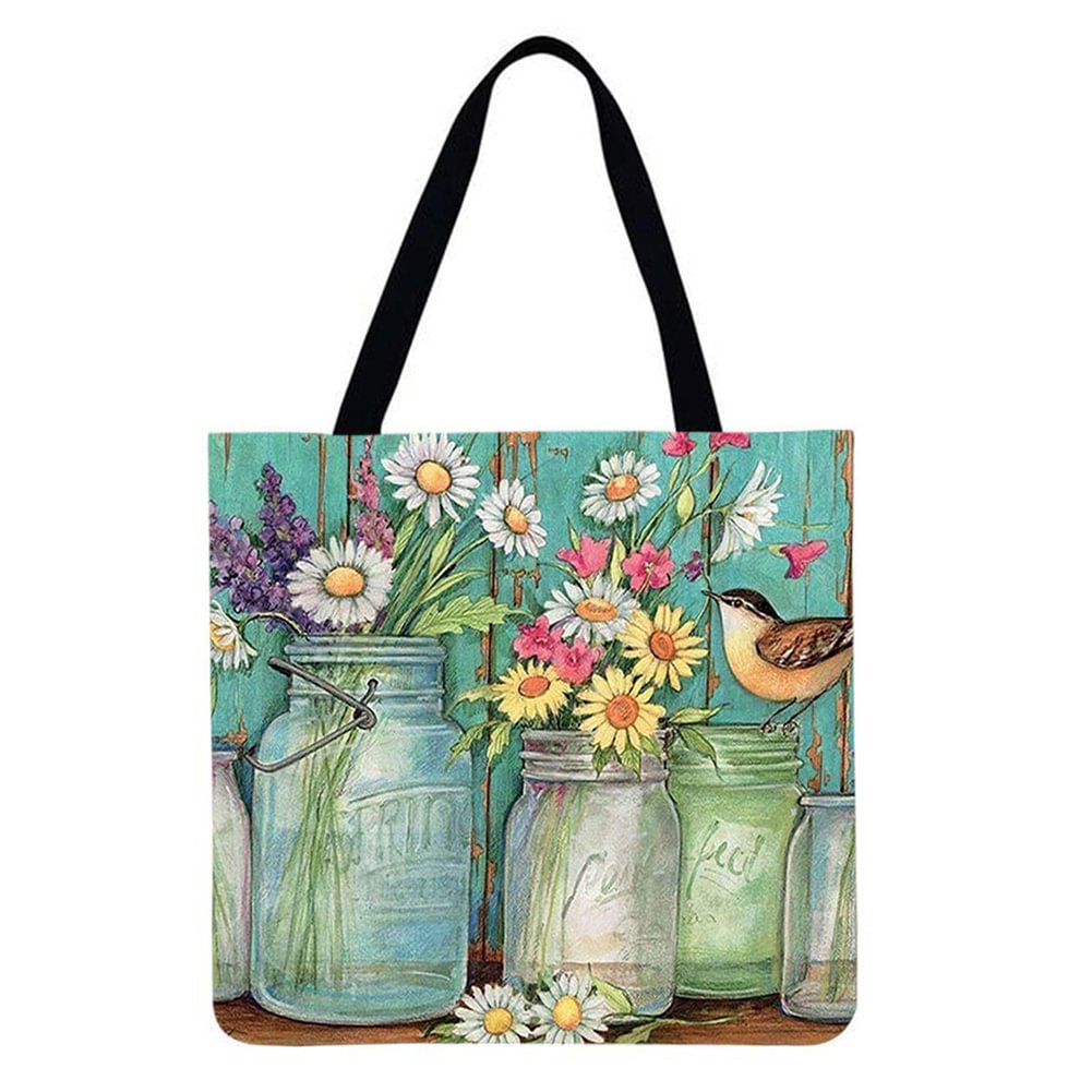Linen Tote Bag-Vase and bird