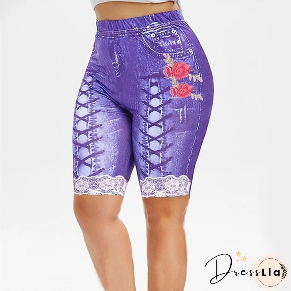 Women Lace Up Floal Print Faux Faux Denim Shorts Casaul Slim Fit Capri Shorts Leggings