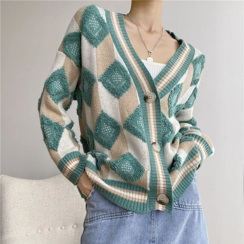 Syiwidii Argyle Cardigan Tops Sweaters Woman Fall Winter 2021 Korean New Knitted Jackets Single Breasted V Neck Loose Coat Green