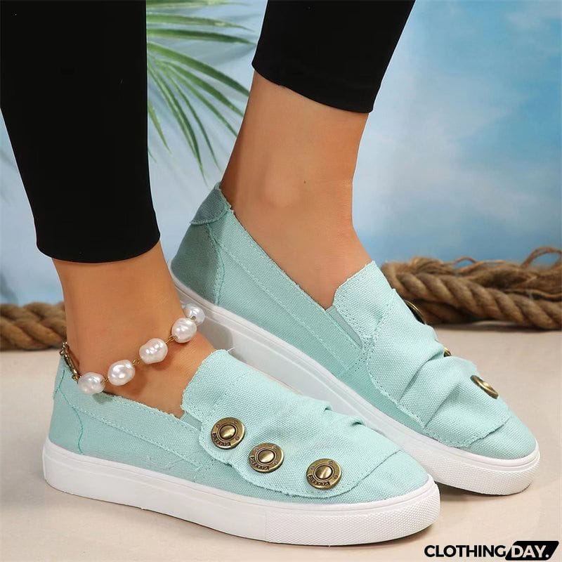 Pleated Metal Buckle Canvas Flat Loafers for Women