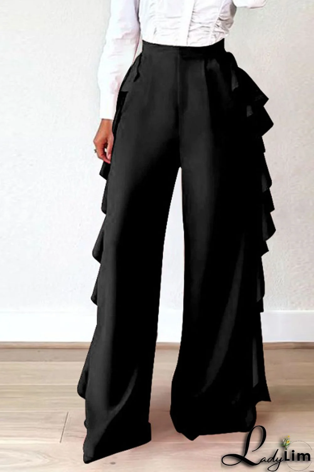 Black Fashion Casual Solid Flounce Straight High Waist Straight Solid Color Bottoms