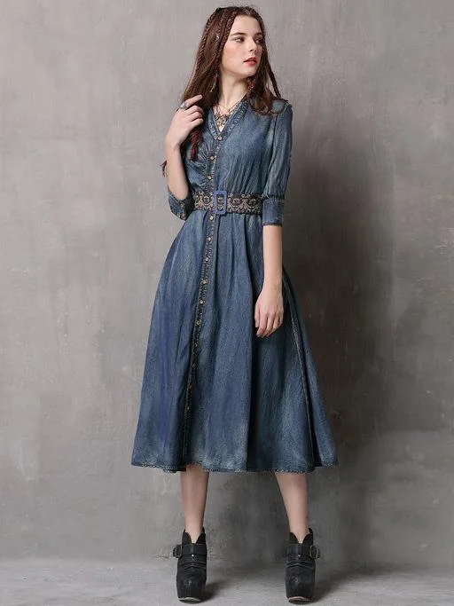 Vintage Embroidered Cropped Denim Dress