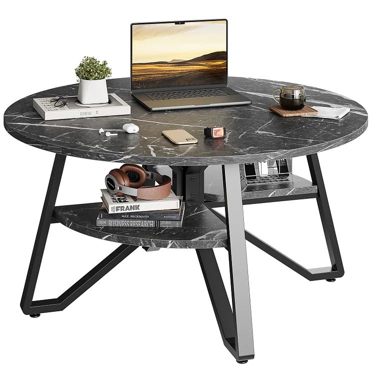 Bestier Round Coffee Table with Storage, Living Room Tables with Sturdy Metal Legs, Black Marble