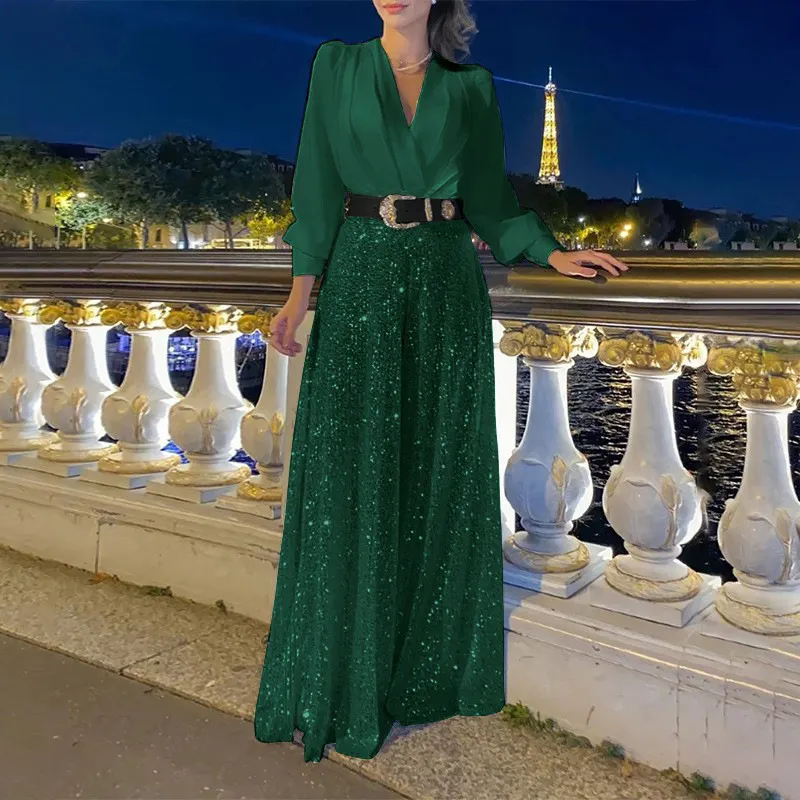 Uveng Uveng Buy Through The New Fashion V-Neck Long-Sleeved Shirt Temperament Elegant Waist Display Thin Bright Leg Pants