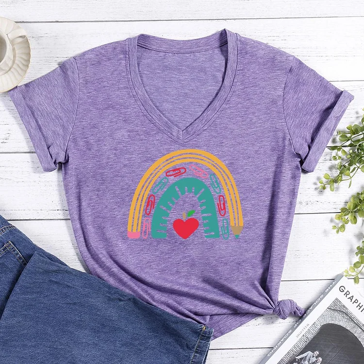 School Supply Rainbow V-neck T Shirt-Annaletters