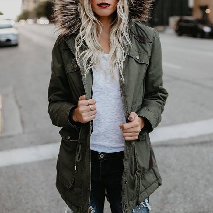Comstylish Fashion Fur Collar Hooded Cotton Jacket