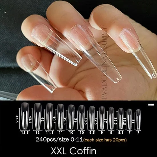 240pcs Gelly Tips Soft Gel Nail Extension Tips Full Cover Pre-shaped Sculpted Long Coffin Stiletto False Tip Quick Building Mold-Nail Inspo