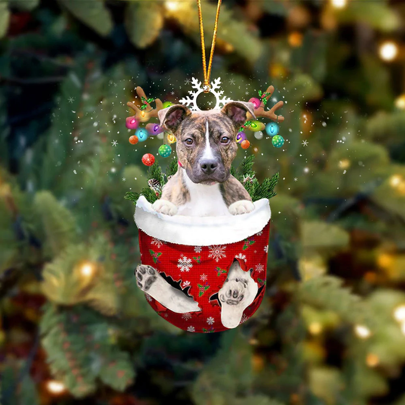 VigorDaily Brindle Pitbull In Snow Pocket Christmas Ornament SP107