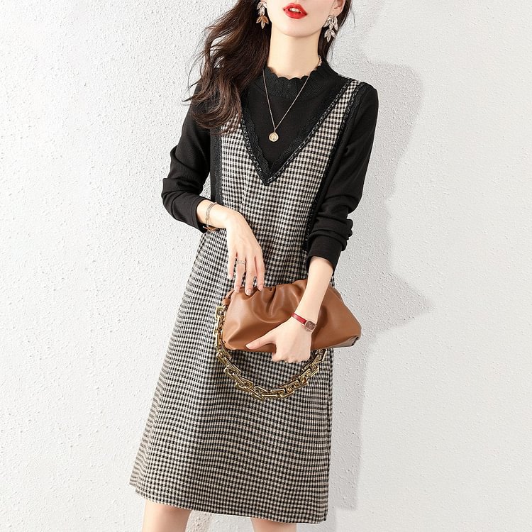 Rice Coffee A-Line Long Sleeve Checkered/plaid Dresses