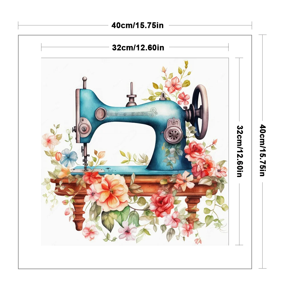 DIY Stamped Cross Stitch 14CT Full Embroidery 40*40cm - Vintage Flower Sewing Machine