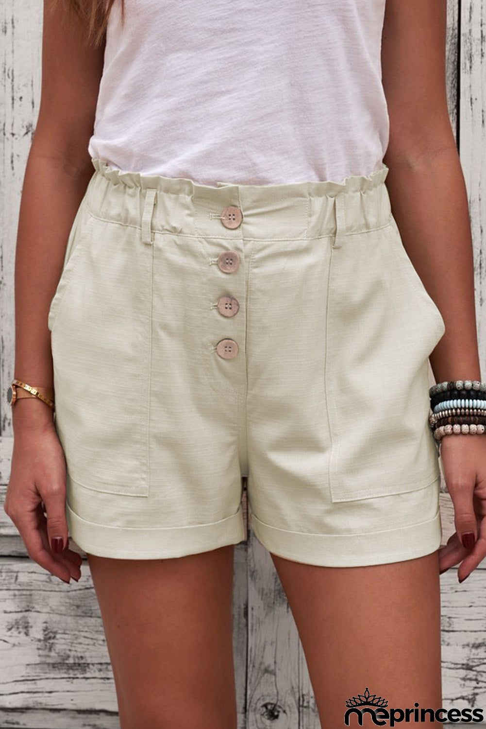 Khaki Cuffed High Waist Shorts