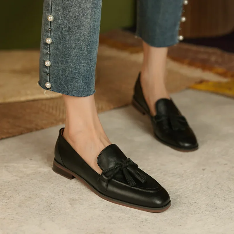 Zhungei Leather Shoes Spring Simple Small Leather Shoes Female British Personality Tassel Single Shoe Soft Leather Women Shoes