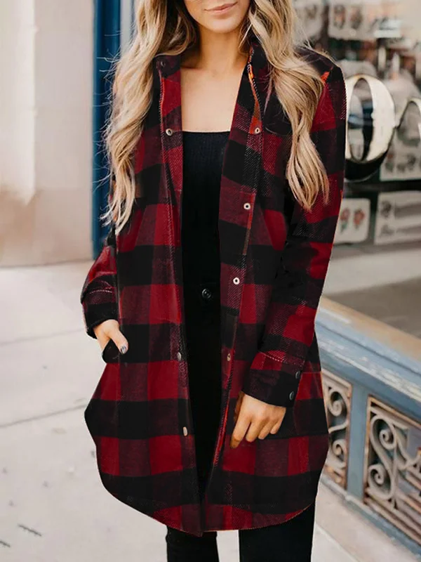 women's lapel plaid shirt mid length long sleeve women's coat Flusfy