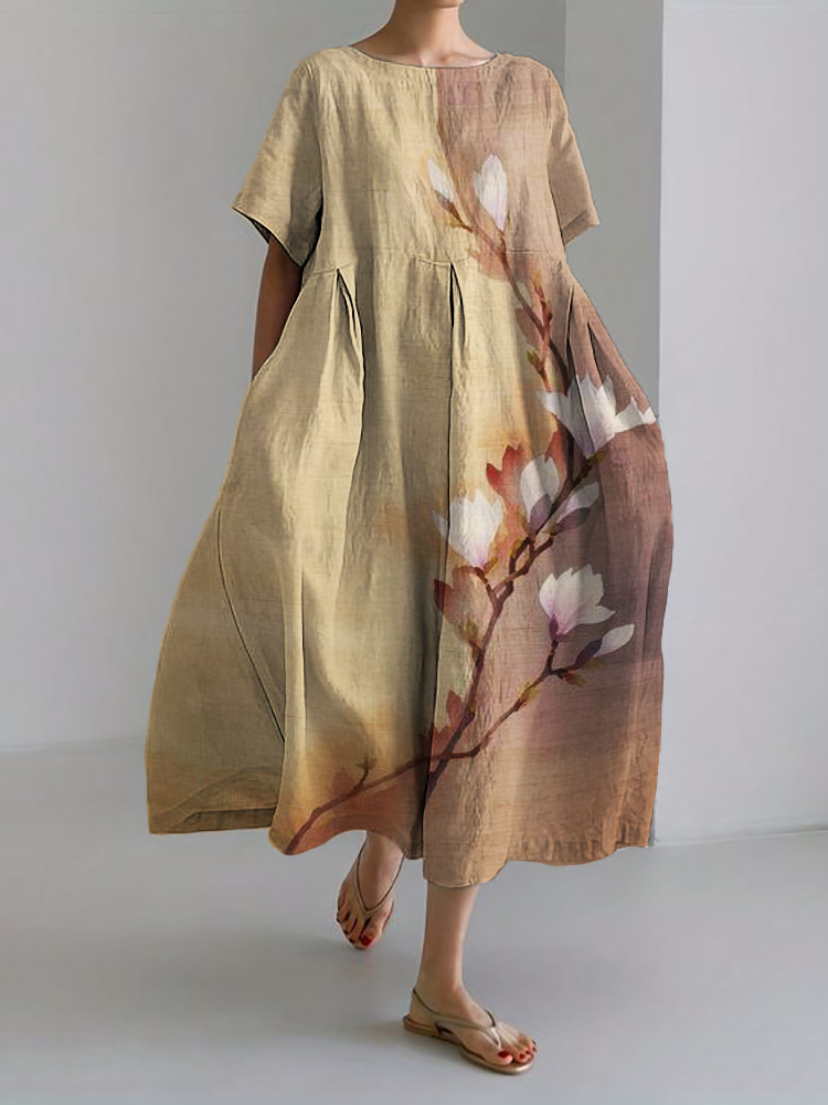 Floral Contrast Japanese Art Linen Blend Maxi Dress