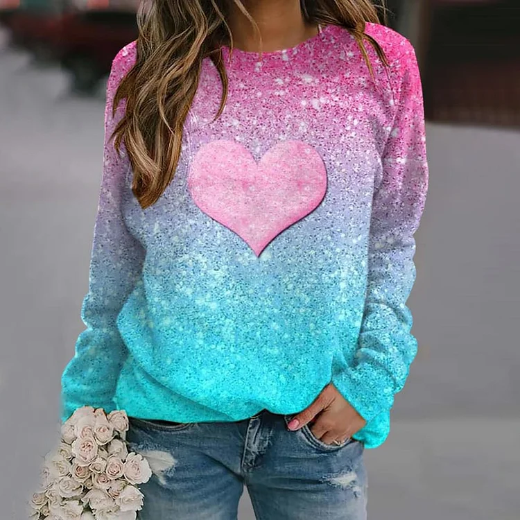 Heart Gradient Print Long Sleeve Sweatshirt
