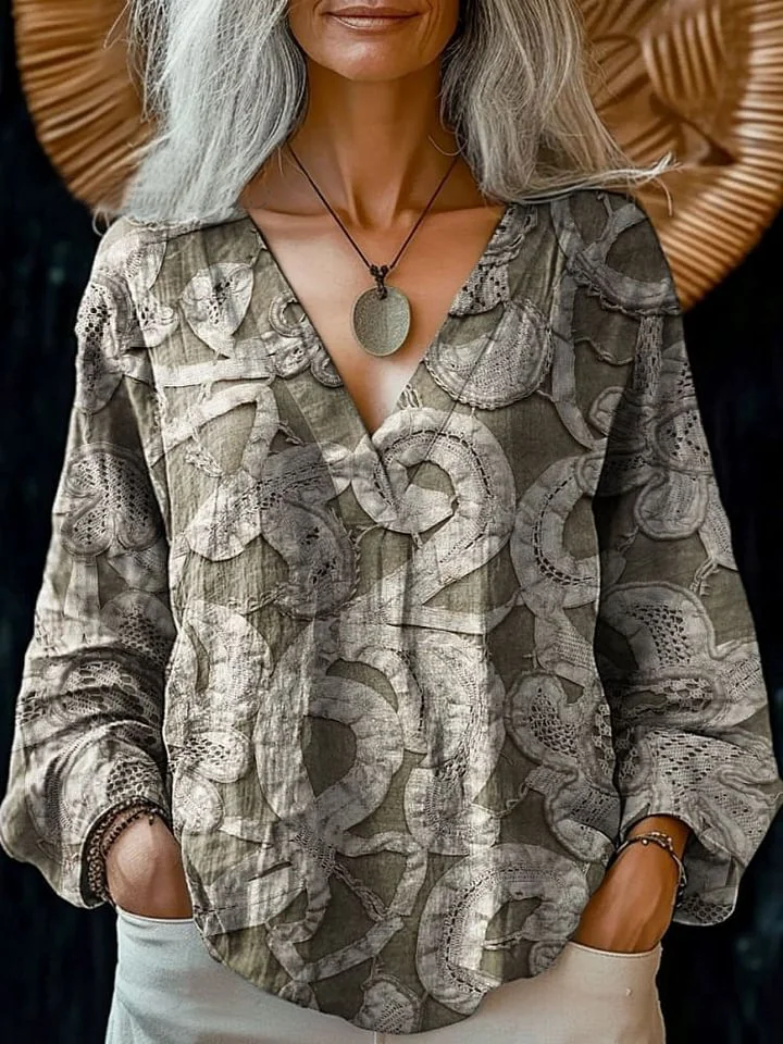 Women's Vintage Lace Strip Art Print Casual Cotton And Linen V-neck Shirt
