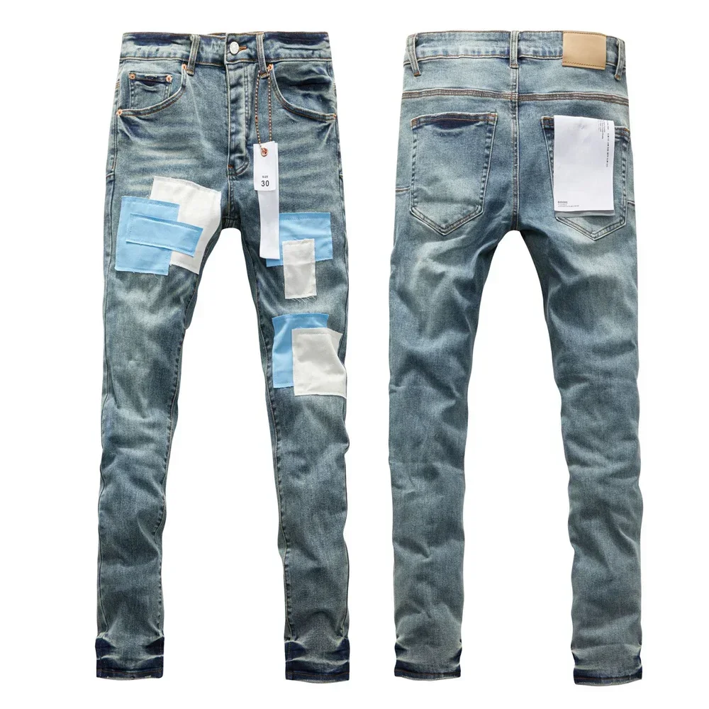 Wimaskel New Purples jeans American high street Retro wash hole patch trend straight Stylish low raise Elastic Skinny jeans brand pants