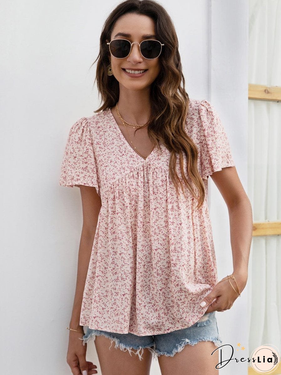 V-Neck Floral Printed Pattern Short Sleeve Loose Casual T-Shirt