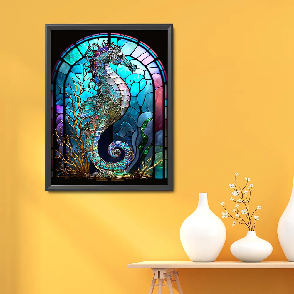 14CT Full Stamped Cross Stitch - Stained Glass Hippocampus(Canvas|50*65CM)