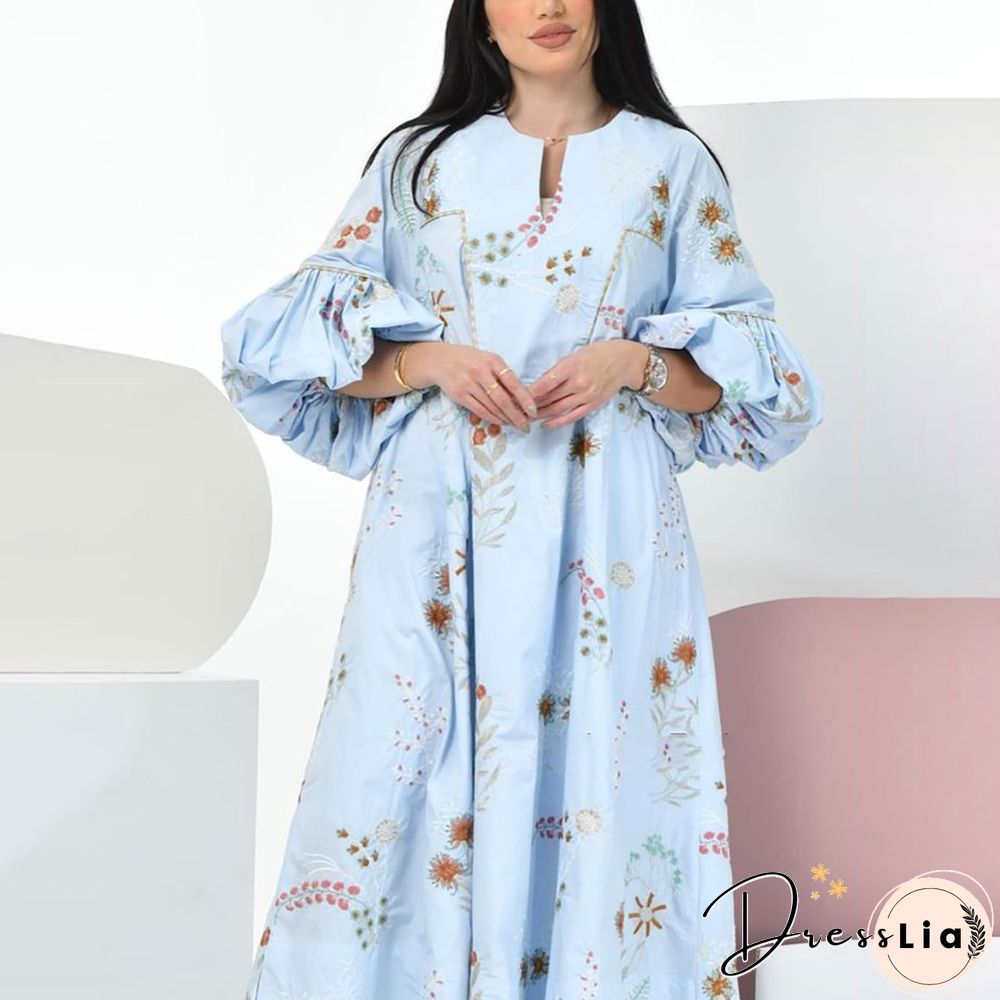 Blue Puff Sleeve Pattern Dress