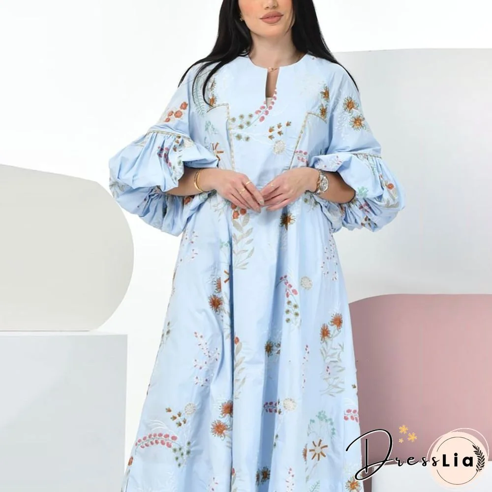 Blue Puff Sleeve Pattern Dress