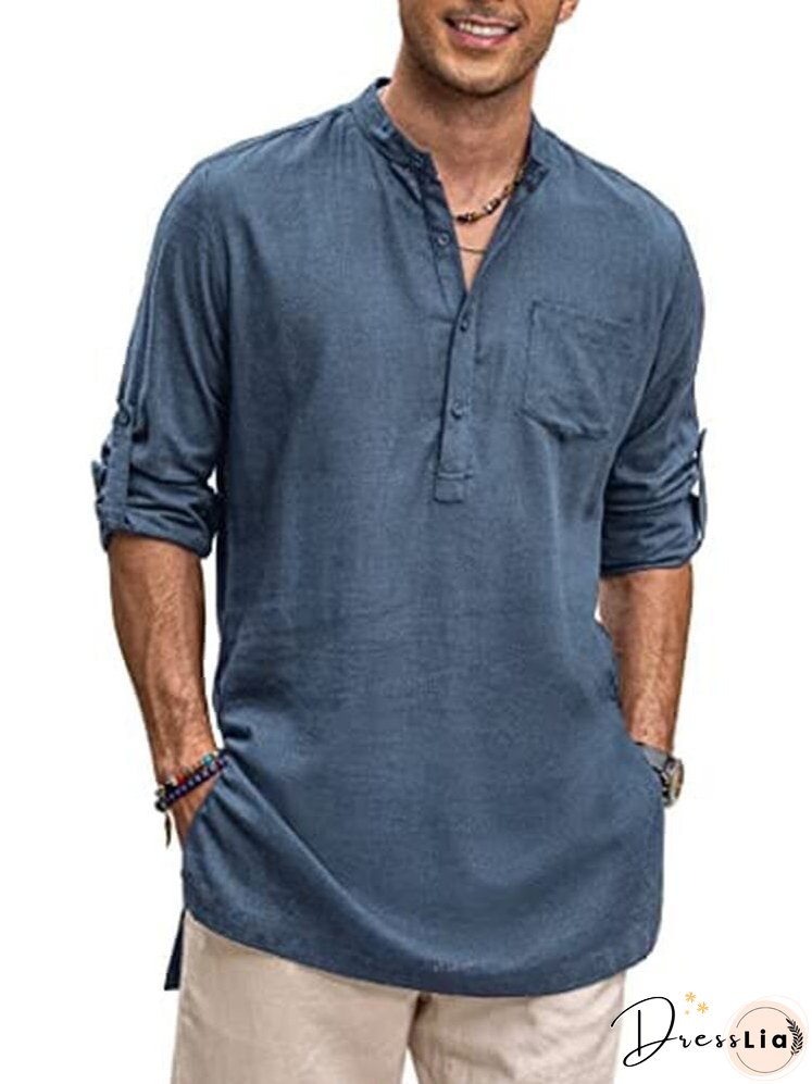 Linen Henley Long Sleeve Shirts with Pocket (US Only)