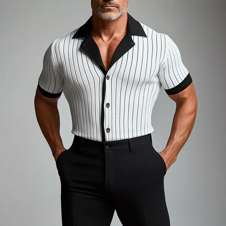 Men's Camp Collar Button Short Sleeve Contrast Stripes Shirt