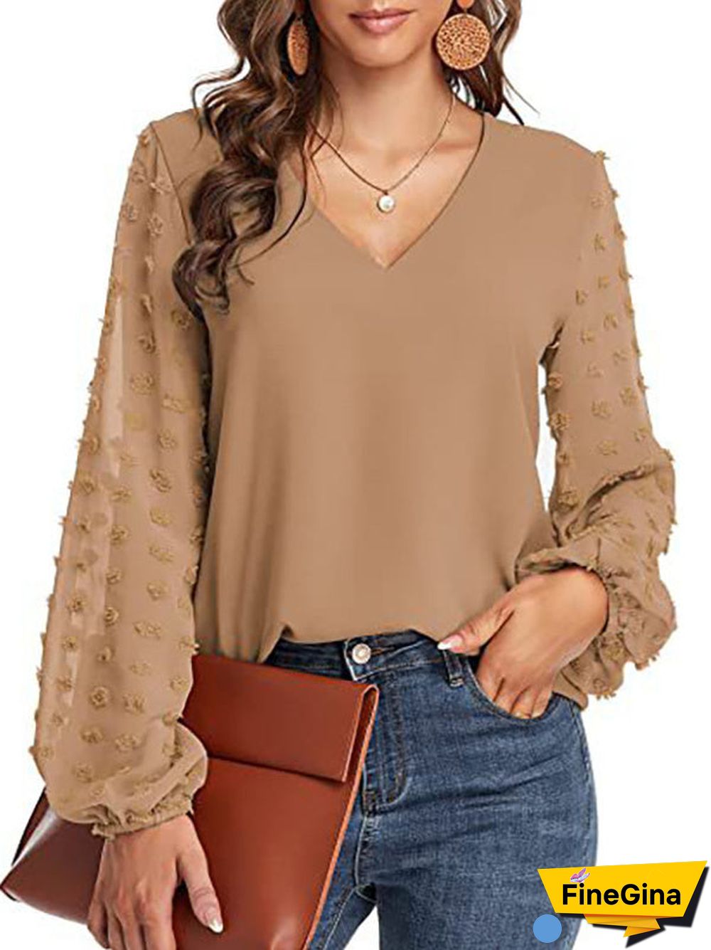 Women's Stitching Polka Dot Solid Color V-Neck Long Sleeve Top