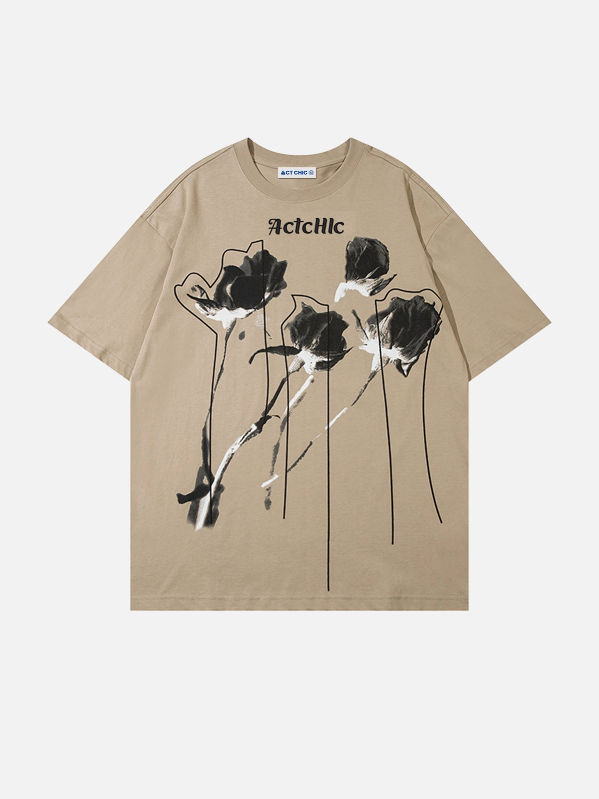 Khaki Act Chic Floral Graphic Print Short Sleeve Tee Front