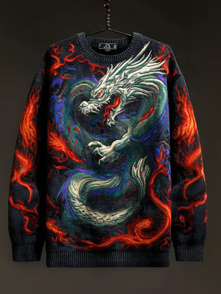 Japanese Art Style Dragon And Fire Pattern Retro Men's Sweater