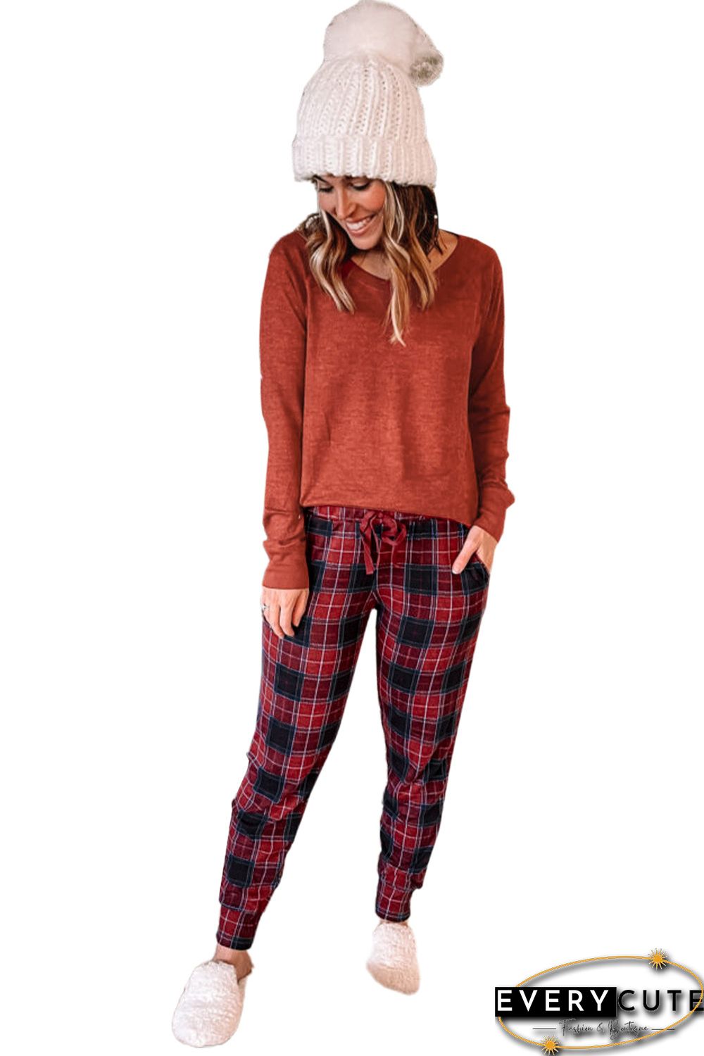 Solid Long Sleeve Top and Plaid Pants Loungewear