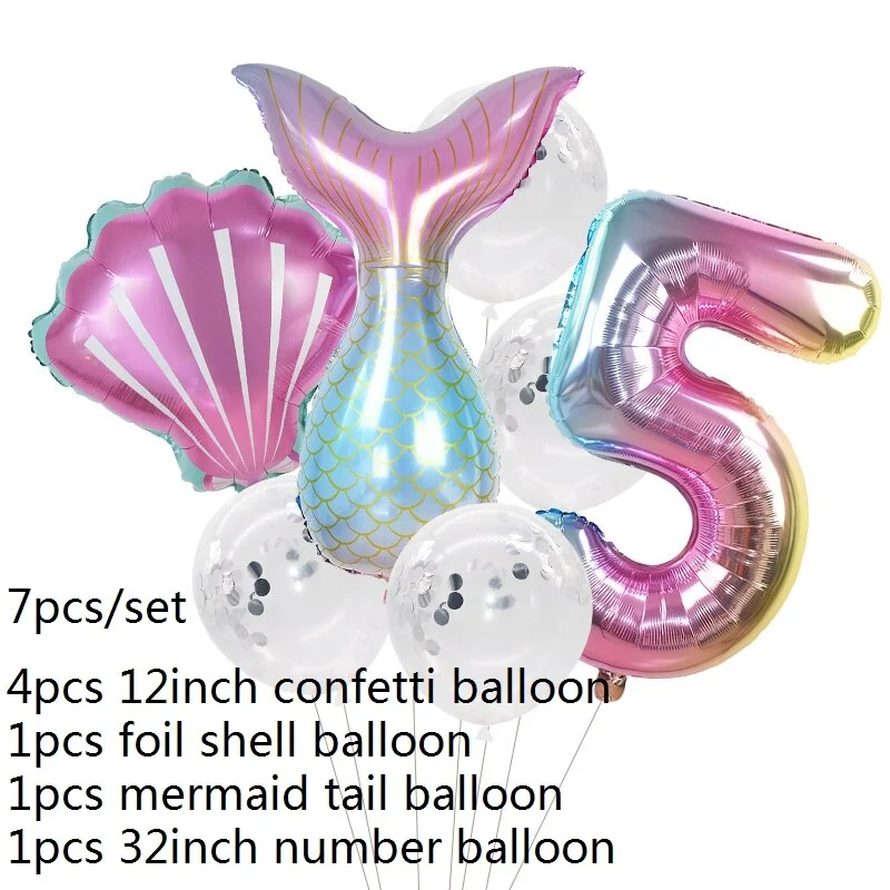 7pcs Mermaid Party Balloons 0 1 2 3 4 5 6 7 8 9 Number Foil Balloon Kids Birthday Party Decorations Baby Shower Helium Globos