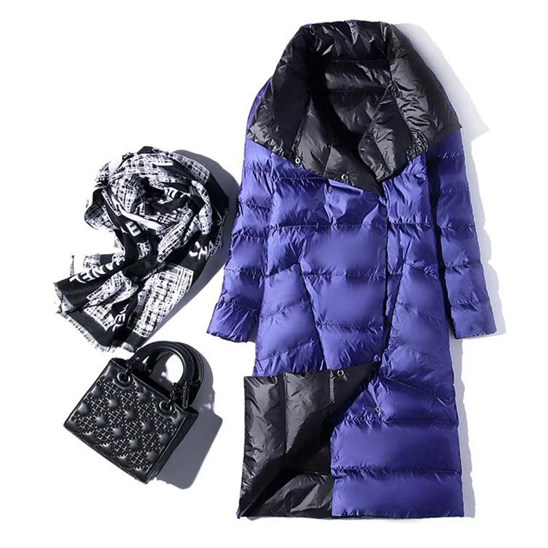 FTLZZ Ultra Light Long Jacket Women Winter Double Sided Slim White Duck Down Coat Single Breasted Turtleneck Warm Parkas