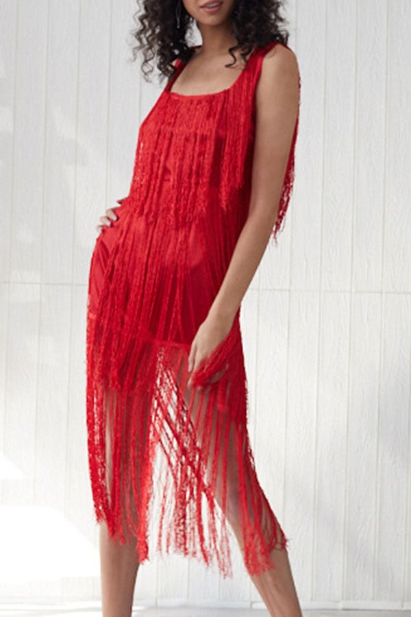 Red Square Backless Tassel Dress - Life is Beautiful for You - SheChoic