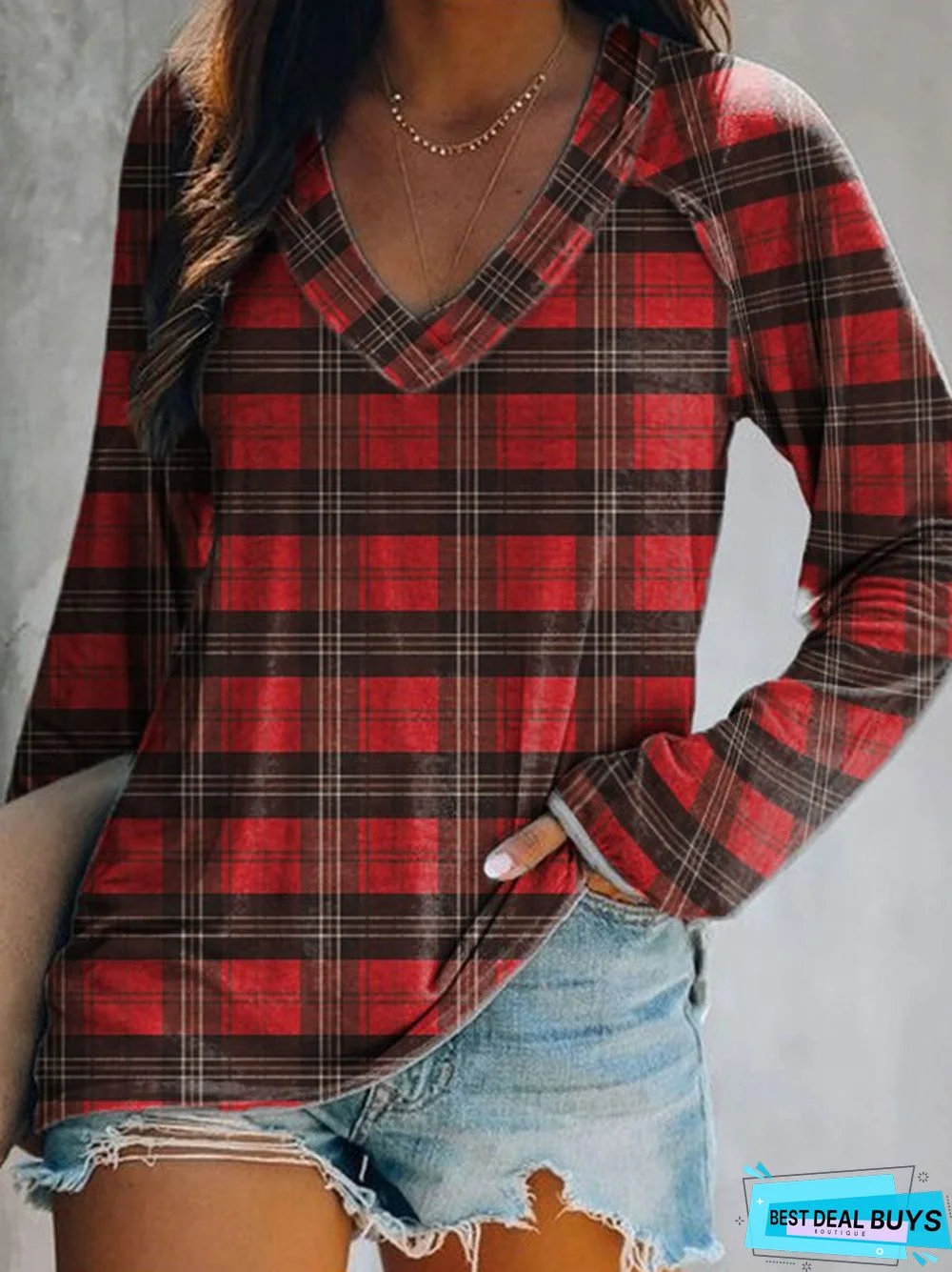 Long Sleeve Christmas Checked/Plaid V Neck Casual Tunic T-Shirt