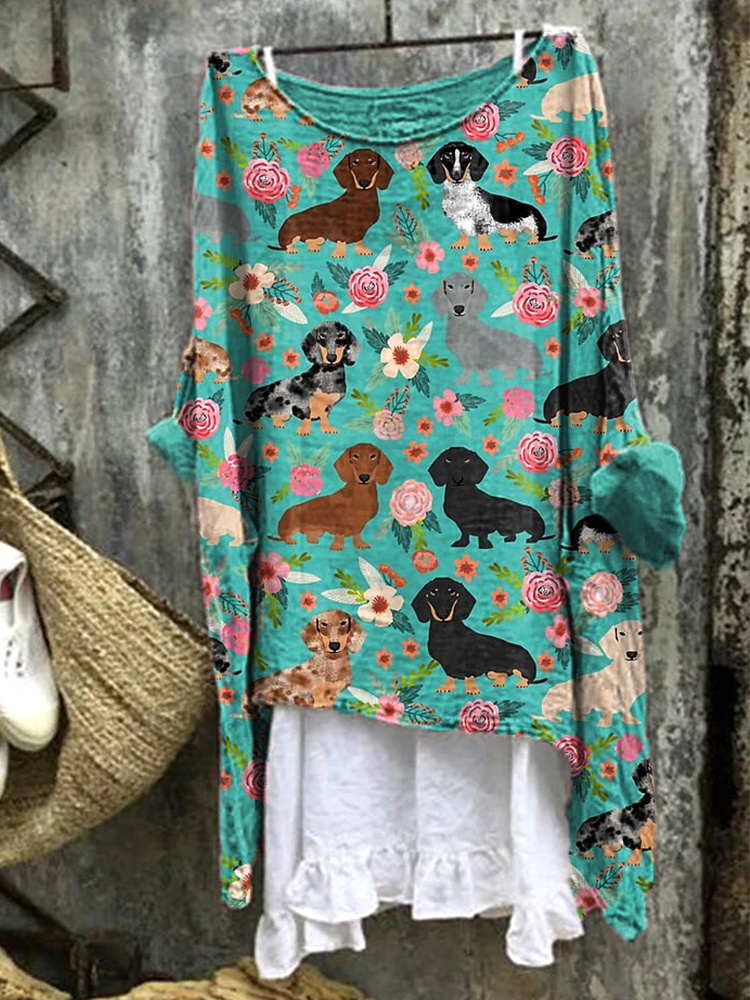 Comstylish Dachshund Dog & Floral Pattern Linen Blend Casual Shirt