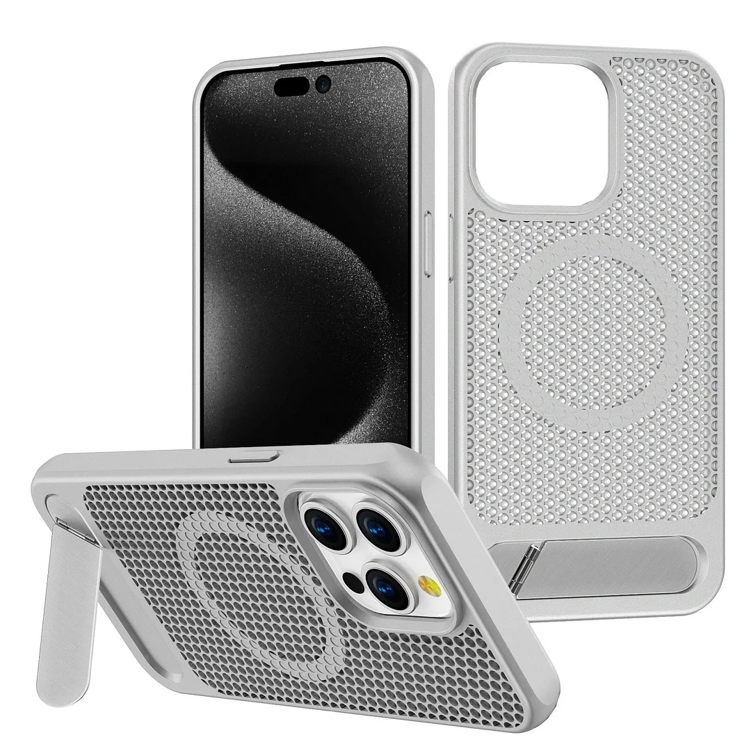 Skeleton Heat Dissipation Breathable Mag Safe Magnetic Apple Acrylic Phone Case with Stand 13 to 15 ProMax