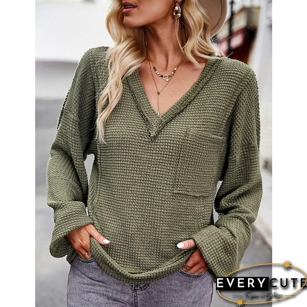 Army Green V Neck Waffle Pocket Long Sleeve Tops