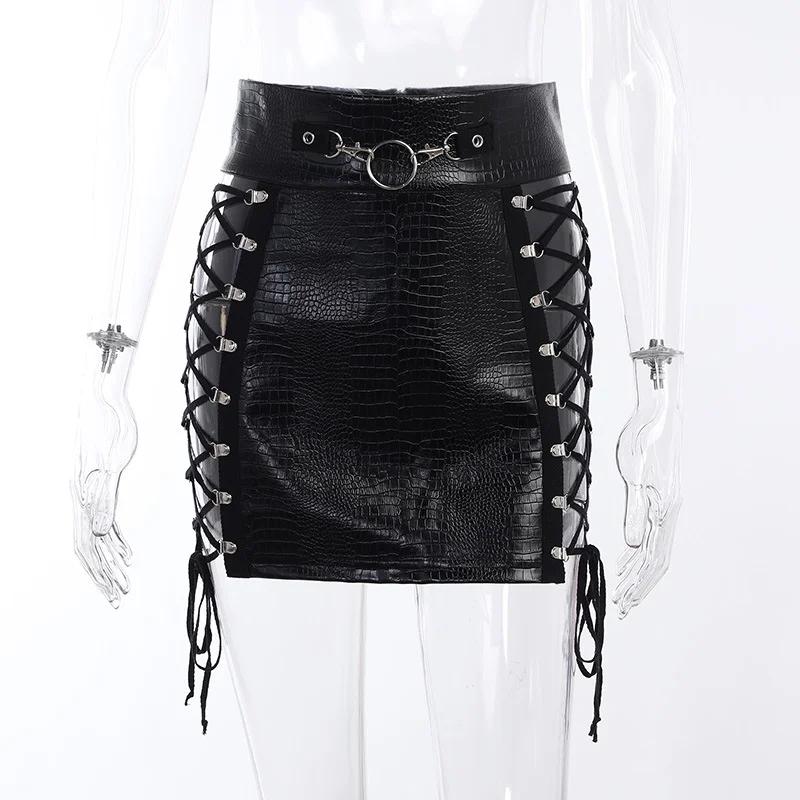 Jangj Sexy Harajuku Lace Up PU Skirt Women Gothic Mall Dark High Waist Skater 2000s Aesthetic Y2k Goth Zipper Crocodile Skirts Ins BF