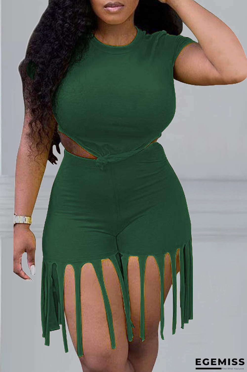 Army Green Sexy Solid Tassel O Neck Short Sleeve Two Pieces | EGEMISS